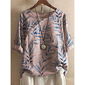 Women's Plus Size Tops Blouse Shirt Leaf Cotton Linen Half Sleeve Round Neck Spring Summer Smoke green White Blushing Pink Big Size L XL XXL XXXL 4XL