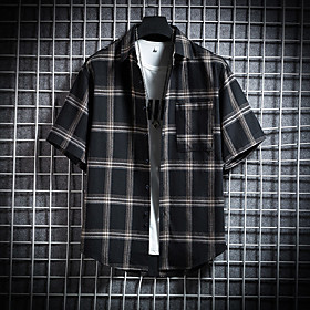 Men's Shirt Plaid Short Sleeve Daily Tops Cotton Basic Fashion Casual / Daily Button Down Collar Gray Black Navy Blue / Work