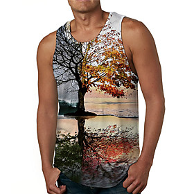 Men's Tank Top Undershirt Shirt 3D Print Graphic Prints Tree Print Sleeveless Daily Tops Casual Designer Big and Tall Round Neck Yellow / Summer