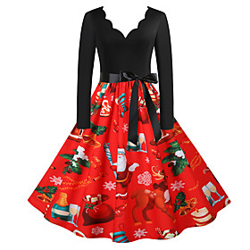 Women's Knee Length Dress A Line Dress Red Long Sleeve Floral V Neck Fall Spring Christmas Going out Formal Vintage 2021 S M L XL XXL 3XL