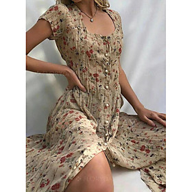 Women's Shift Dress Midi Dress Purple Yellow Blushing Pink Beige Light Blue Short Sleeve Floral Button Front Print Summer Square Neck Hot Vintage Boho Holiday