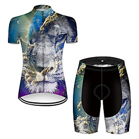 21Grams Women's Short Sleeve Cycling Jersey with Shorts Summer Nylon Polyester BlackWhite Gradient Lion Animal Bike Clothing Suit 3D Pad Ultraviolet Resistant