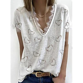 Women's T shirt Graphic Heart Lace Trims Print V Neck Tops Basic Basic Top White Black