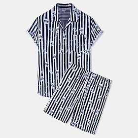 Men's Shirt Suits Shirt Striped Button-Down Short Sleeve Casual Tops Cotton Casual Fashion Hawaiian Breathable Blue