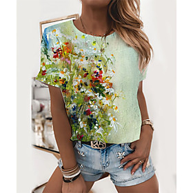 Women's Floral Theme T shirt Floral Graphic Print Round Neck Tops Basic Basic Top White Blue Red