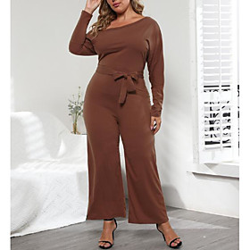Women's Plus Size Jumpsuit Bow Plain Cotton Long Sleeve Basic Fall Summer Brown L XL 2XL 3XL 4XL