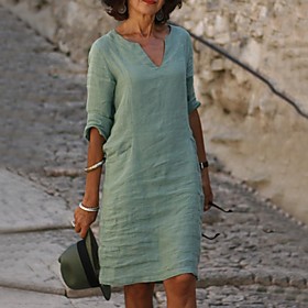 Women's Shift Dress Knee Length Dress Blue Yellow Blushing Pink Green Half Sleeve Solid Color Patchwork Fall Spring V Neck Casual 2021 S M L XL XXL 3XL 4XL 5XL