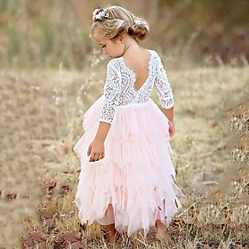 Kids Little Girls' Pink Party Princess Flower Lace Scalloped Tulle Back Backless Tutu Top Edges Tiered Girl Dress