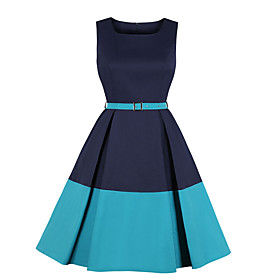 Women's Swing Dress Knee Length Dress Blue Yellow Blushing Pink Black Sleeveless Print Patchwork Spring Square Neck Hot Vintage Slim 2021 S M L XL XXL / Cotton