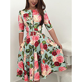 Women's Swing Dress Midi Dress Light Green Half Sleeve Flower Zipper Spring Summer High Neck Elegant Party 2021 S M L XL