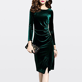 Women's Sheath Dress Knee Length Dress Green Black Long Sleeve Solid Colored Fall Winter Round Neck Going out Velvet M L XL XXL 3XL / Plus Size / Plus Size
