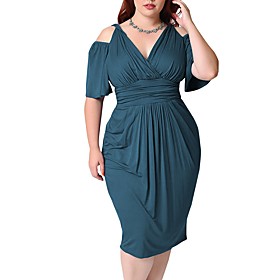 Women's Plus Size Dress A Line Dress Knee Length Dress Half Sleeve Solid Color Ruched V Neck Elegant Summer Blue Green White L XL XXL 3XL 4XL