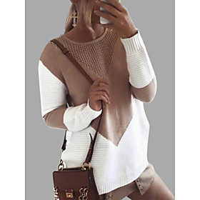 Women's Knitted Color Block Pullover Long Sleeve Sweater Cardigans Crew Neck Fall Winter Black Khaki Gray