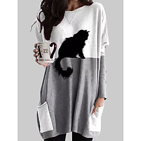 Women's T shirt Dress Cat Graphic Prints Long Sleeve Pocket Patchwork Round Neck Tops Basic Basic Top Gray