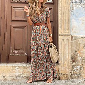 Women's Swing Dress Maxi long Dress Black Red Brown Short Sleeve Print Color Block Split Ruffle Button Spring Summer V Neck Classic  Timeless Vintage Boho Holi