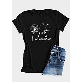 Women's T shirt Floral Graphic Text Print Round Neck Basic Tops 100% Cotton White Red Yellow