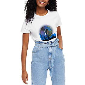 Women's T shirt Graphic Print Round Neck Tops 100% Cotton Basic Basic Top White Black