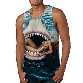 Men's Tank Top Undershirt Shirt 3D Print Graphic Prints Shark Print Sleeveless Daily Tops Casual Designer Big and Tall Round Neck Blue / Summer