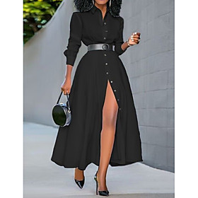 Women's A Line Dress Maxi long Dress White Black Long Sleeve Solid Color Patchwork Button Spring Summer Shirt Collar Hot Casual Belt Not Included Slim 2021 S M