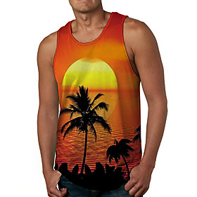 Men's Vest T shirt 3D Print Graphic Prints Tree Sun 3D Print Sleeveless Daily Tops Basic Casual Orange