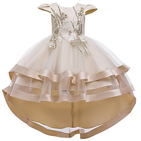 Kids Little Girls' Dress Solid Colored Beaded Embroidered Layered Blushing Pink Wine Khaki Asymmetrical Short Sleeve Basic Cute Dresses Children's Day Regular