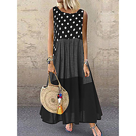 Women's A Line Dress Maxi long Dress Yellow Black Red Sleeveless Polka Dot Patchwork Summer Round Neck Hot Casual Holiday Loose 2021 M L XL XXL 3XL 4XL 5XL / P