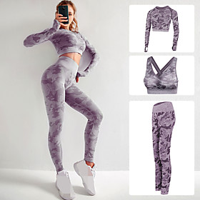 Women's 3pcs Seamless Activewear Set Workout Outfits Yoga Suit Athletic Athleisure Long Sleeve High Rise Quick Dry Breathable Soft Fitness Workout Jogging Camo