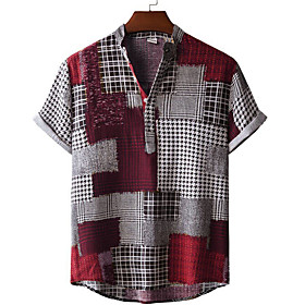 Men's Shirt Color Block Button-Down Short Sleeve Casual Tops Cotton Casual Fashion Breathable Comfortable Red