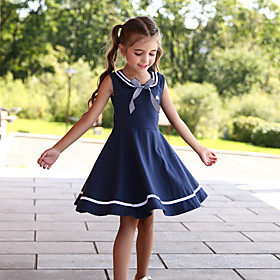 Kids Little Girls' Dress Striped Solid Color Skater Dress School Casual Bow Navy Blue Cotton Knee-length Elegant Princess Cute Dresses Children's Day Summer Re