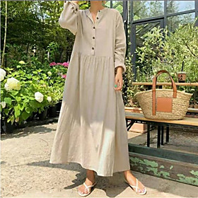 Women's Shift Dress Maxi long Dress Wine Black Beige Long Sleeve Solid Color Patchwork Fall Round Neck Hot Casual Slim 2021 S M L XL XXL 3XL 4XL 5XL / Cotton /