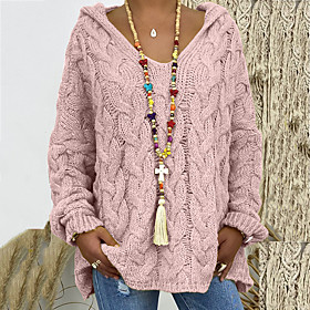 Women's Casual Knitted Solid Color Pullover Sweater Cotton Long Sleeve Loose Oversized Sweater Cardigans Hooded Fall Winter Spring Dark Yellow Lake blue Purple