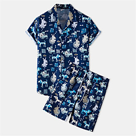 Men's Shirt Suits Shirt Dog Animal Button-Down Short Sleeve Casual Tops Cotton Casual Fashion Hawaiian Breathable Navy Blue