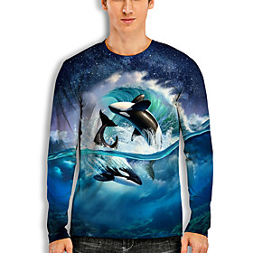 Men's T shirt 3D Print Graphic Prints Fish Animal 3D Print Long Sleeve Daily Tops Basic Casual Hawaiian Blue
