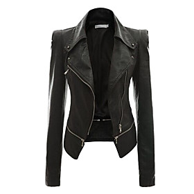 Women's Faux Leather Jacket Fall Winter Street Short Coat Notch lapel collar Warm Waterproof Slim Faux Leather Jacket Long Sleeve Pocket Solid Colored Yellow W