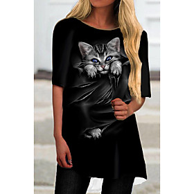Women's T Shirt Dress Tee Dress Short Mini Dress Black Half Sleeve Cat Animal Print Spring Summer Round Neck Casual Holiday 2021 S M L XL XXL 3XL