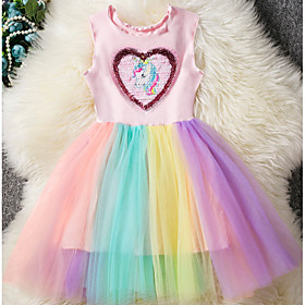 Kids Little Girls' Dress Unicorn Rainbow Patchwork Tulle Dress Tutu Dresses Causal Sequins Blushing Pink Sleeveless Basic Cute Dresses 3-12 Years