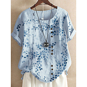 Women's Plus Size Tops Blouse Shirt Leaf Short Sleeve Round Neck Spring Summer Light Yellow White Sky Blue Big Size S M L XL XXL XXXL 4XL