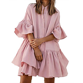 Women's A Line Dress Short Mini Dress Blushing Pink White Short Sleeve Solid Color Smocked Ruffle Patchwork Summer Shirt Collar Casual Going out Loose 2021 S M