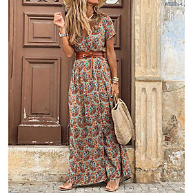 Women's Swing Dress Maxi long Dress Brown Short Sleeve Print Paisley Split Print Summer V Neck Chic  Modern Hot Casual Holiday 2021 S M L XL XXL 3XL