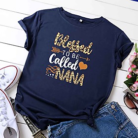 Women's T shirt Graphic Leopard Text Print Round Neck Basic Tops 100% Cotton Black Wine Army Green